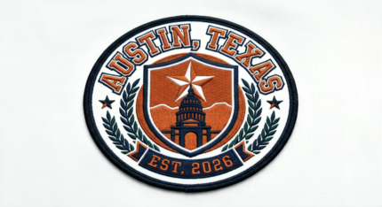 Austin, TX premium embroidered logo patch with 3D satin stitching, varsity shield design, Lone Star, laurel wreath, and Texas-inspired athletic embroidery for custom apparel and sportswear.